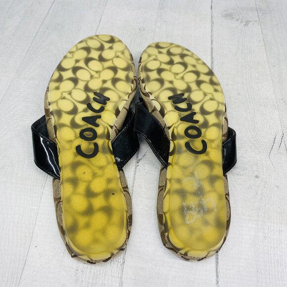 Coach Woman SUKI Leather Brown Khaki Logo Fringe Flower Flat Slide Sandals Sz 7 - Picture 9 of 14